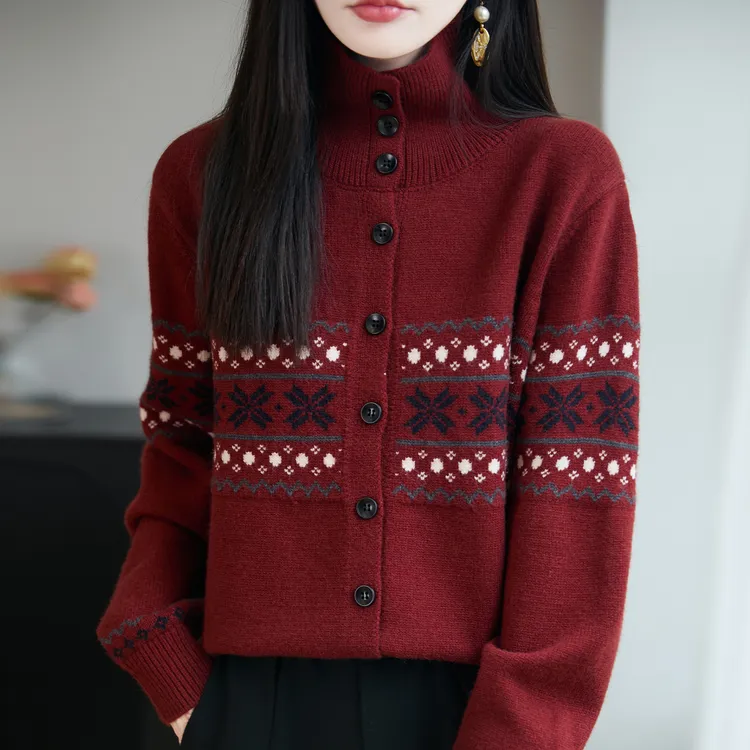 费尔岛风高领羊绒衫女秋冬新款羊毛提花纽扣开衫软糯加厚毛衣外套