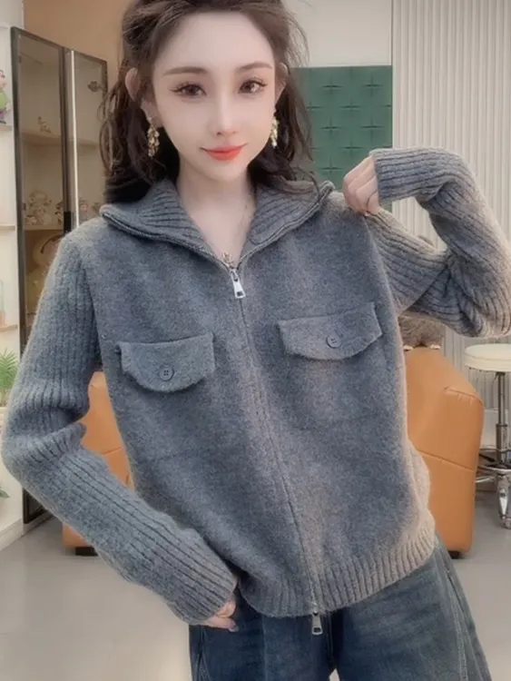 灰色半高领双拉链毛衣外套女秋冬穿搭2025新款加厚软糯高级感开衫
