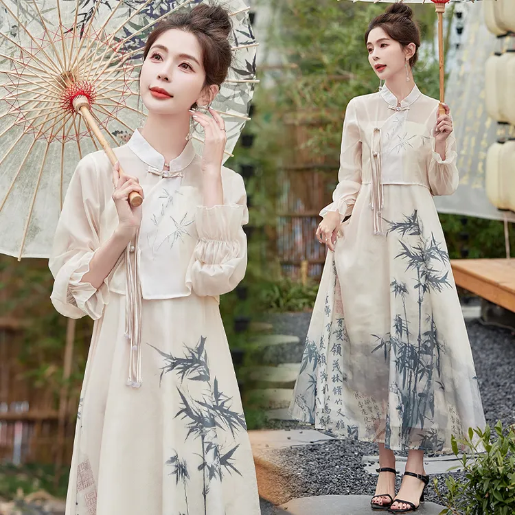 新中式时尚套装长款中国风女装复古裙子显瘦气质古风日常连衣裙