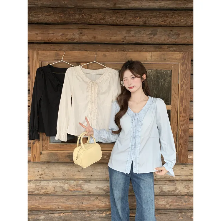 2025秋季新款大码女法式气质木耳边长袖衬衫设计感系带上衣80208