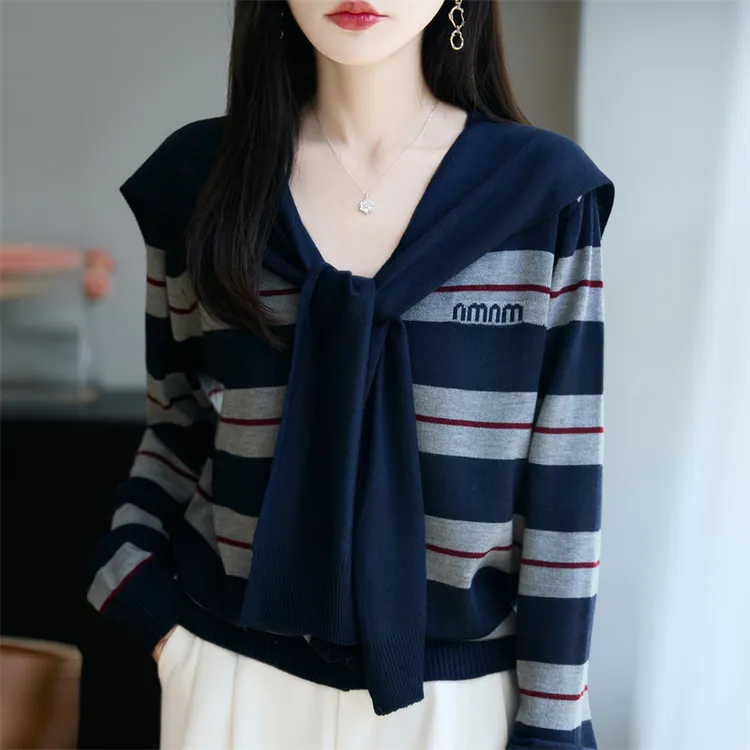 哥弟阿玛施正品春秋针织开衫女长袖外搭条纹时尚宽松披肩上衣百搭