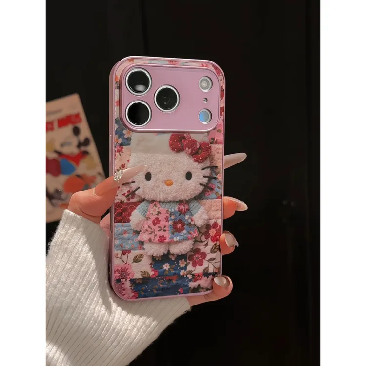 花棉袄kt猫适用苹果17pro手机壳16pm小众华为p70金属皮纹女小米15
