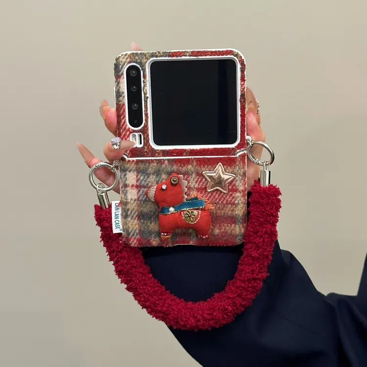 适用华为PuraX手机壳pocket2折叠屏秋冬新款酒红色格纹小马保护套