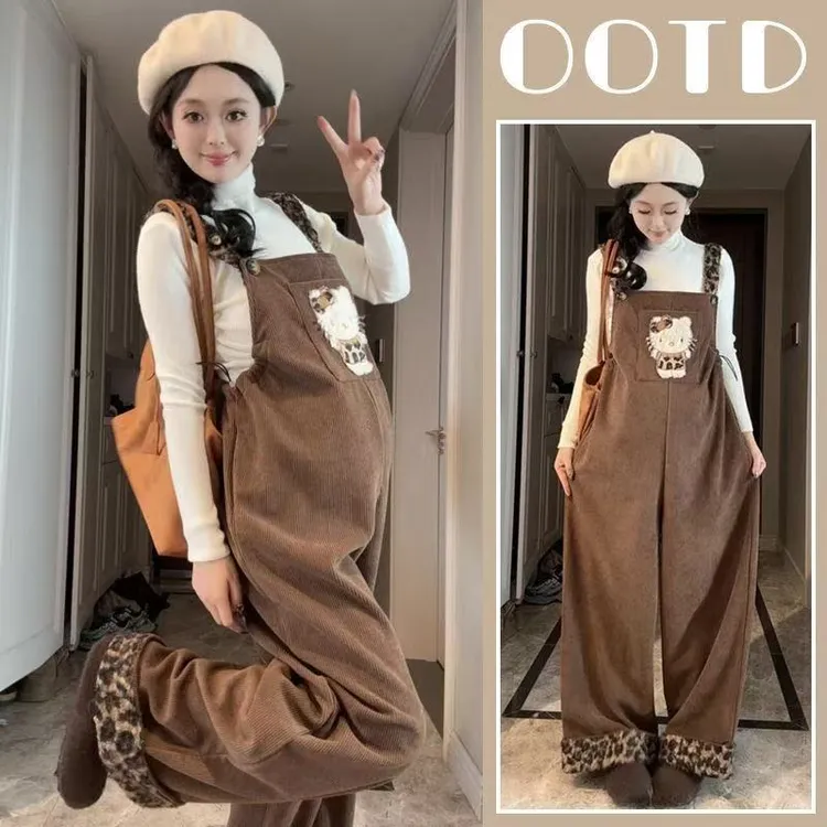 孕妇装套装秋冬2025新款宽松洋气韩版背带裤加绒加厚冬装长裤