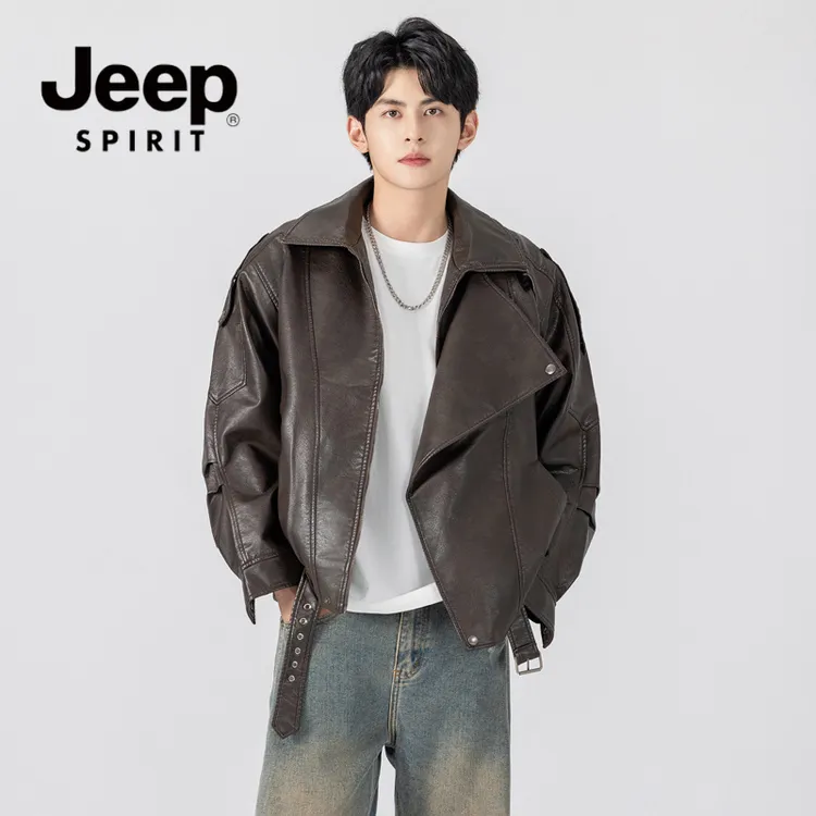 JEEPSPIRIT吉普美式皮衣外套男秋季潮牌复古宽松情侣机车PU皮夹克
