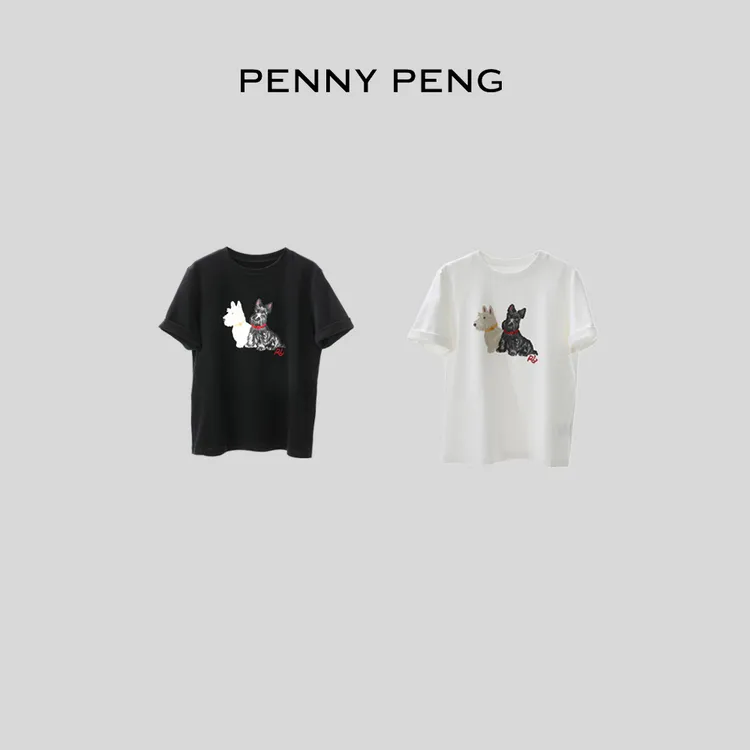 PENNYPENG雪纳瑞春游出行减龄印花纯棉半袖两色圆领简约小狗T恤