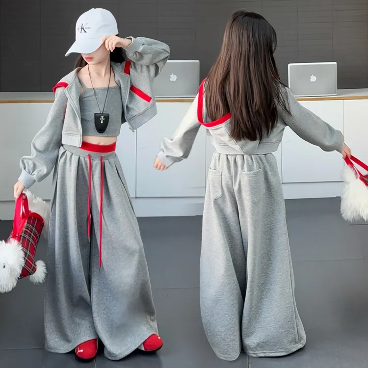 女童春秋休闲时尚套装2025新款8-12岁中大童连帽撞色运动洋气韩版