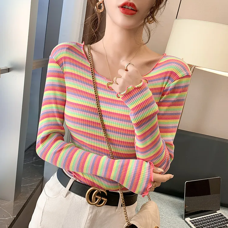 棉质条纹木耳边打底衫女洋气春秋新款修身内搭外穿长袖t恤上衣