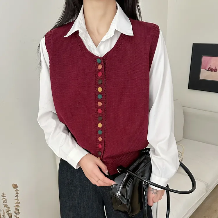 【正品现货】棉线复古针织马夹手工彩扣V领女士休闲百搭宽松无袖