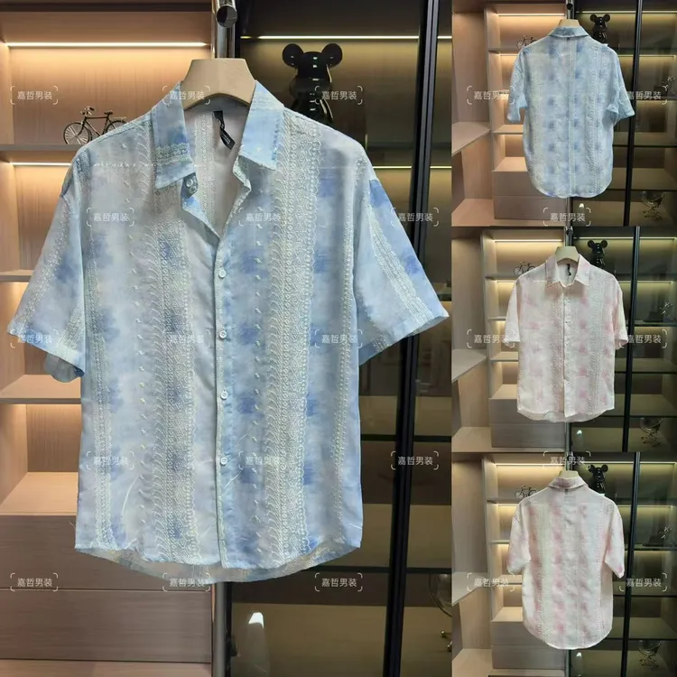 夏季男士潮流时尚扎染渐变色刺绣设计短袖衬衫休闲宽松百搭衬衣
