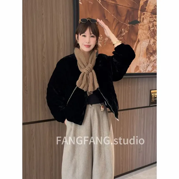 F.F圆领常规款纯色短款棉衣加厚加绒冬款菱格棉服1595