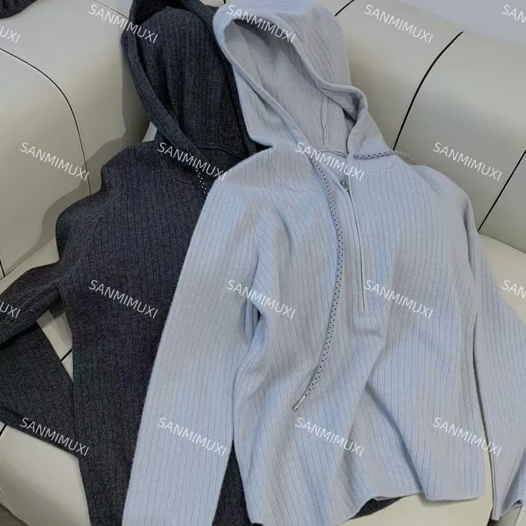 正肩坑条半拉链针织套头帽衫  Y2619