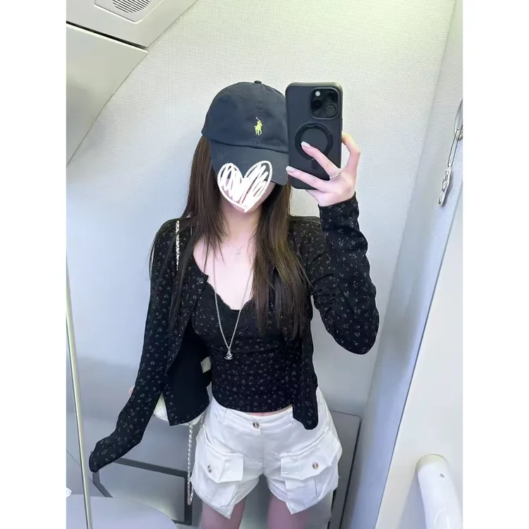 5195#少女蕾丝碎花吊带背心开衫外套两件套气质显瘦女上衣