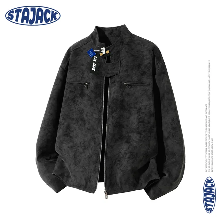 STA JACK美式扎染PU皮衣立领夹克男宽松大码机车风工装棒球服外套