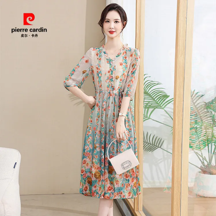 皮尔卡丹中老年女装妈妈夏装连衣裙气质优雅韩版阔太太雪纺裙子夏