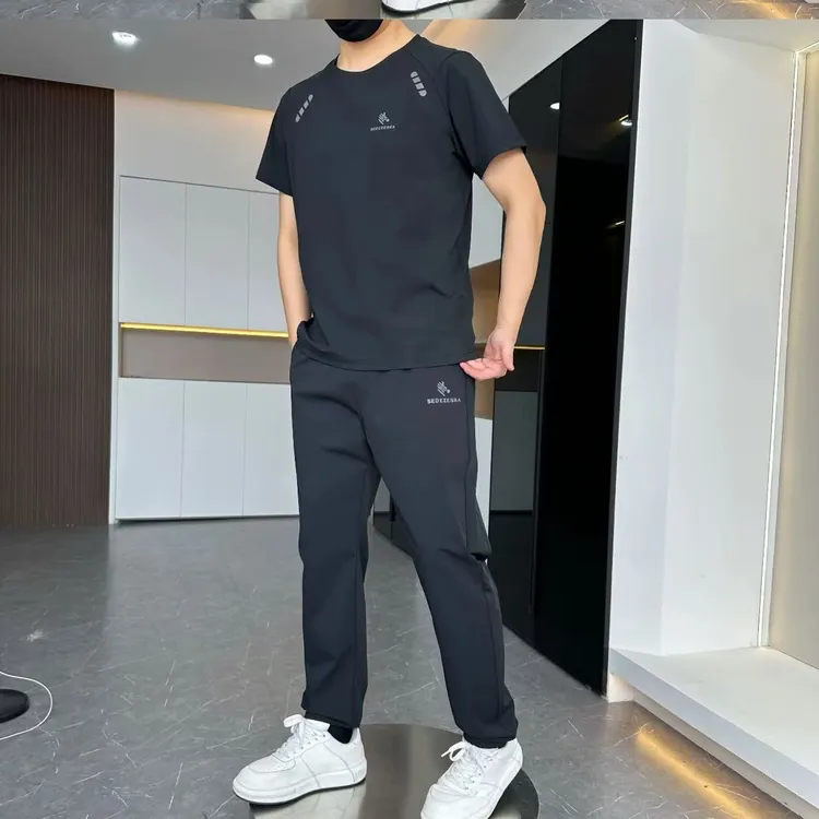 夏季新款男士潮流弹力冰丝透气休闲运动套装百搭短袖长裤两件套