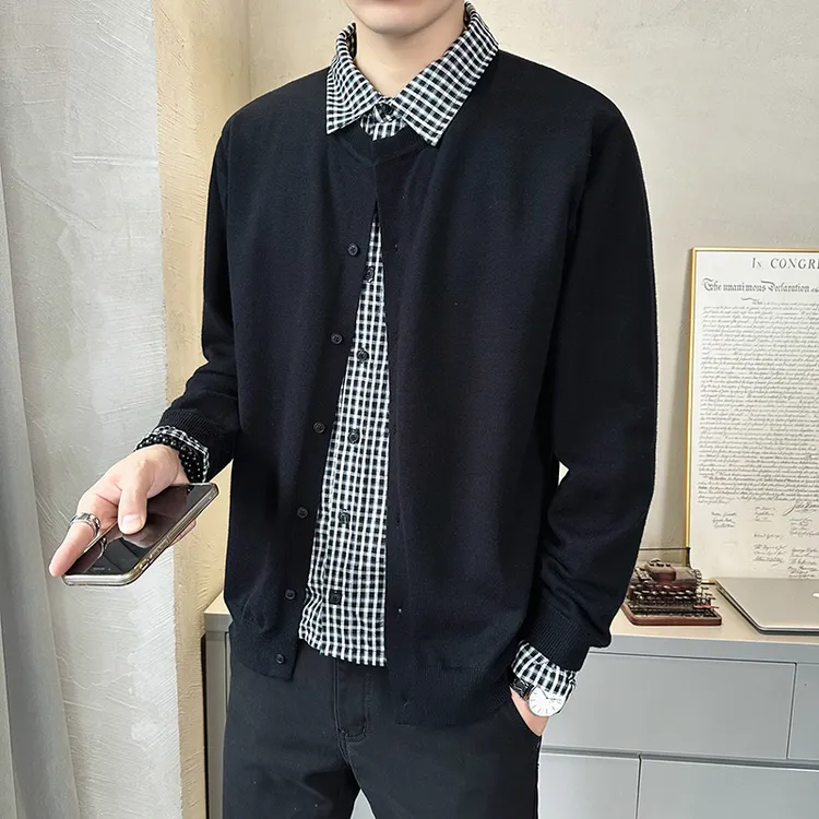 秋冬季高知学院风叠穿假两件开衫毛衣男宽松慵懒休闲拼接针织外套