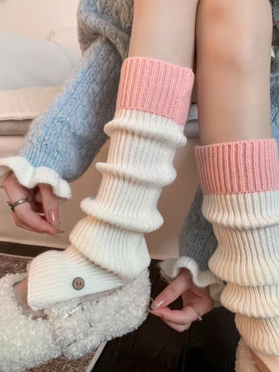 【甜梦物语】白粉针织加厚保暖中筒纽扣堆堆袜套秋冬甜美长袜女