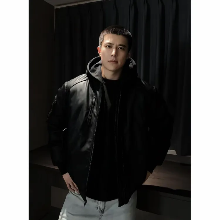 【西博】美式皮衣羽绒服假两件可拆卸90白鸭绒连帽立领羽绒服