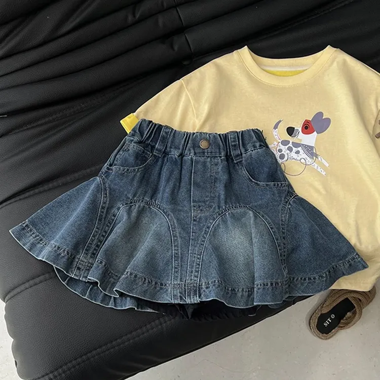 韩国童装女童短裙2025夏季新款洋气荷叶边百褶裙小女孩牛仔半身裙