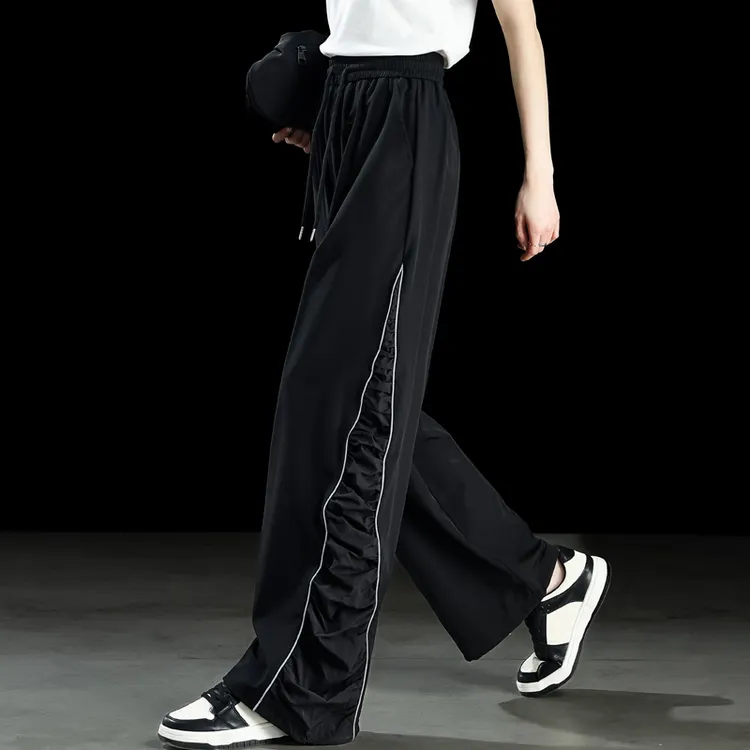 条纹褶皱黑色休闲裤女款爆款2025新款反光条运动裤卫裤直筒阔腿裤