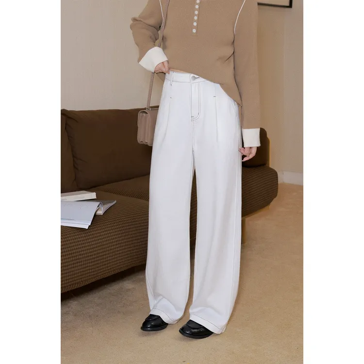 现货大婉酱微胖定制【线条白牛】100棉磨毛底牛仔裤显瘦直筒裤2504D