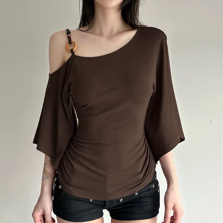 大码胖mm美式小心机斜肩喇叭短袖T恤女夏季修身显瘦设计感上衣潮