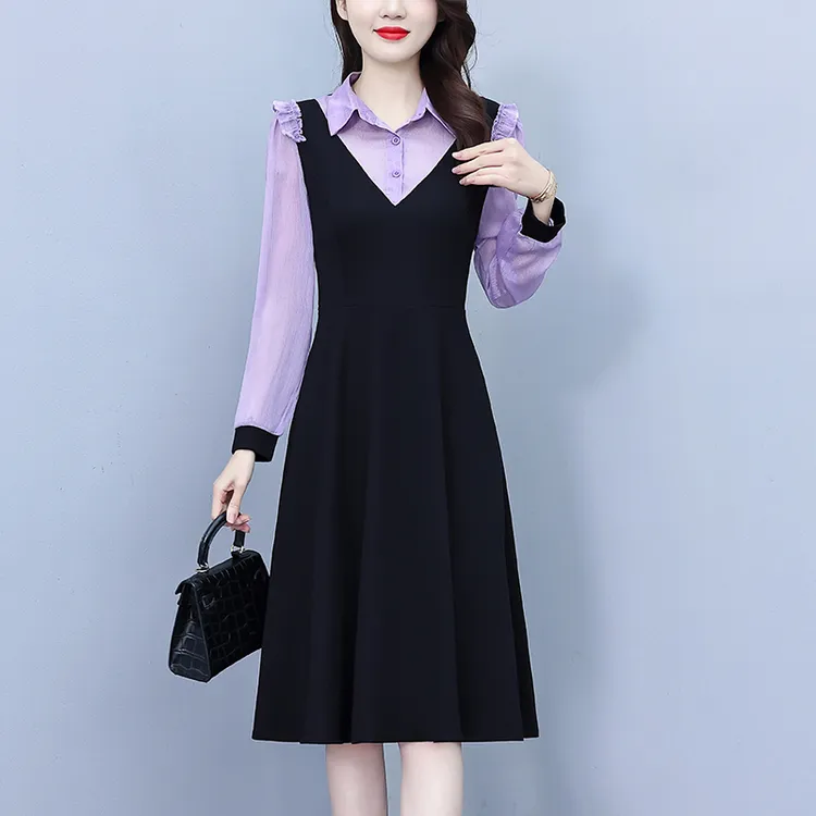 大码女装2025秋季新款拼接翻领连衣裙胖MM减龄裙子显瘦高级