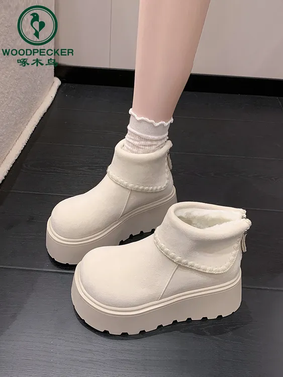 啄木鸟白色厚底增高雪地靴女2025冬新款百搭勃肯短靴加绒加厚棉鞋