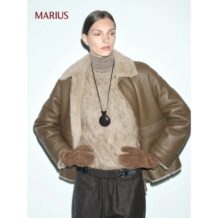 MARIUS"脆皮松果"皮毛一体羊皮革经典直身落肩夹克