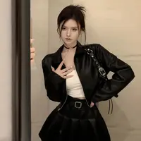 【莹莹推荐】纯欲风辣妹短款长袖皮衣外套高腰显瘦百褶半身裙套装女
