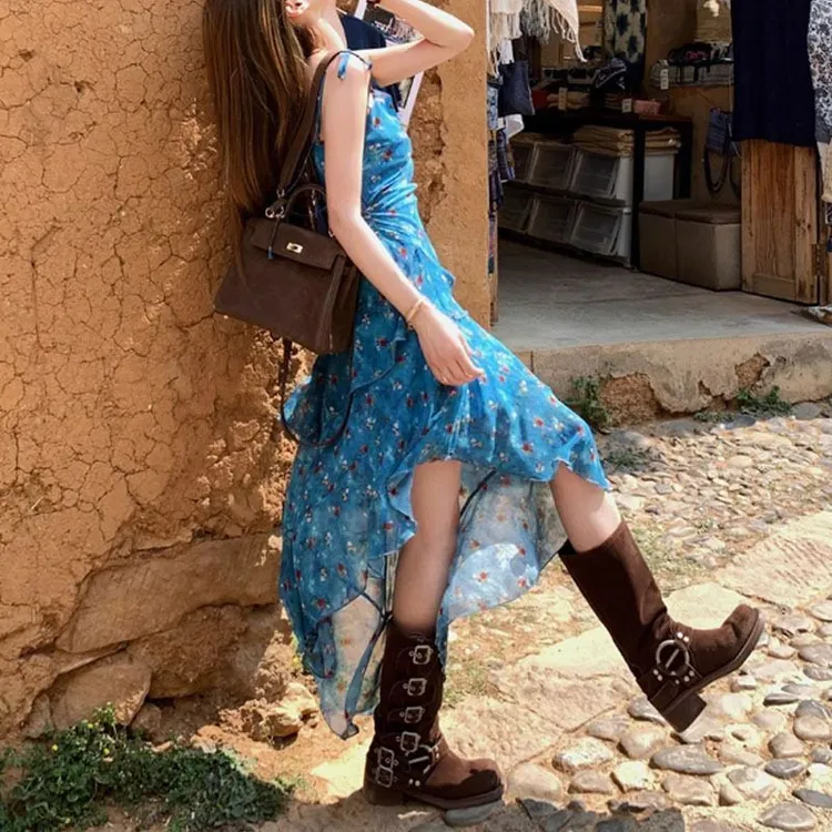 发华厂 2025夏泰兰德少女/设计感不规则碎花吊带裙女夏飘带连衣