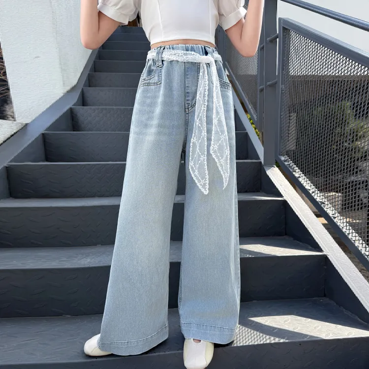 女童牛仔裤6-12岁潮款洋气儿童阔腿裤夏季中大童宽松直筒休闲裤潮