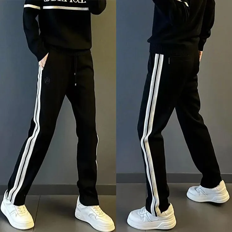秋冬新款潮牌条纹拼色加绒加厚休闲裤男潮流百搭宽松直筒运动卫裤