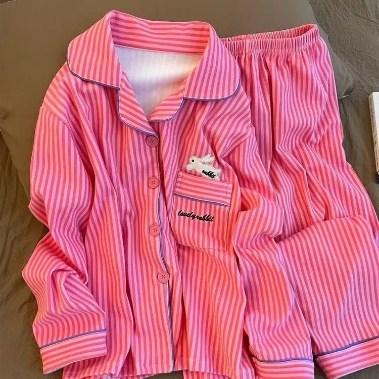 【德绒兔子】粉色条纹睡衣女套装可外穿秋冬季保暖长袖长裤家居服女