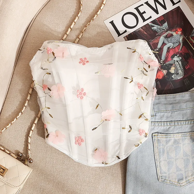 欧美街头时尚爆款ins风花朵刺绣鱼骨吊带背心女网纱短款抹胸上衣