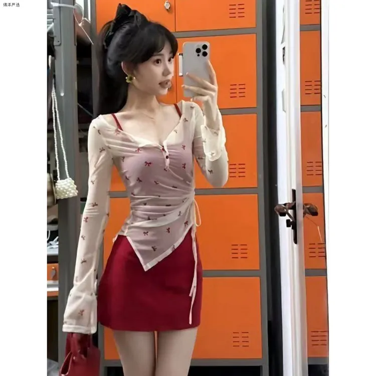 夏季女性感甜辣套装显瘦不规则红色长袖吊带连衣裙罩衫两件套