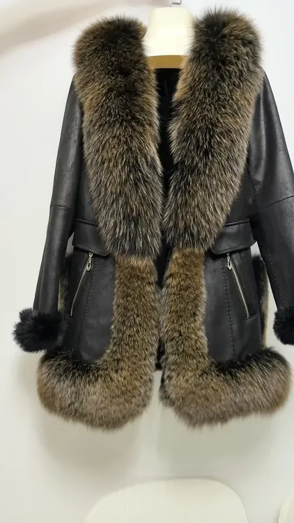 神猴 中长款时尚高端女士皮毛一体中长款气质皮衣外套冬季修身