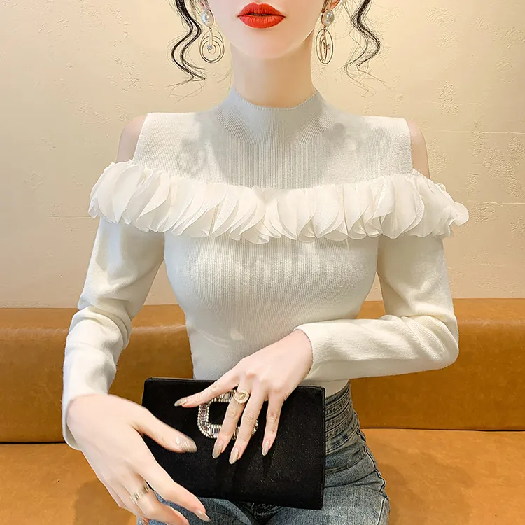 半高领毛衣女内搭洋气针织衫秋冬荷叶边露肩打底衫外穿设计感上衣