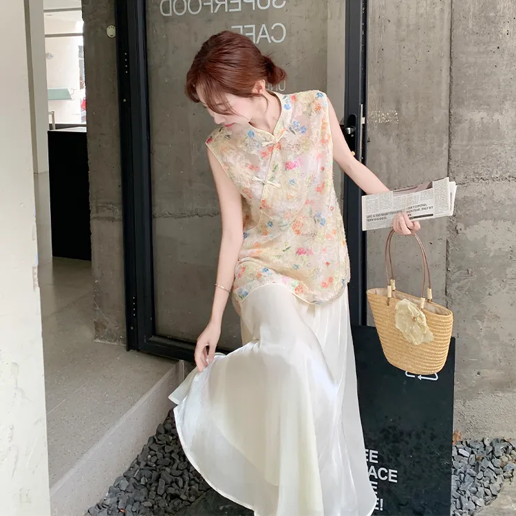 新中式国风大方得体套装女2025新款无袖提花上衣网纱半身裙两件套