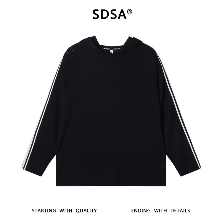 SDSA男士秋冬新款轻奢痞帅男装撞色织带玉米格连帽长袖T恤舒适潮