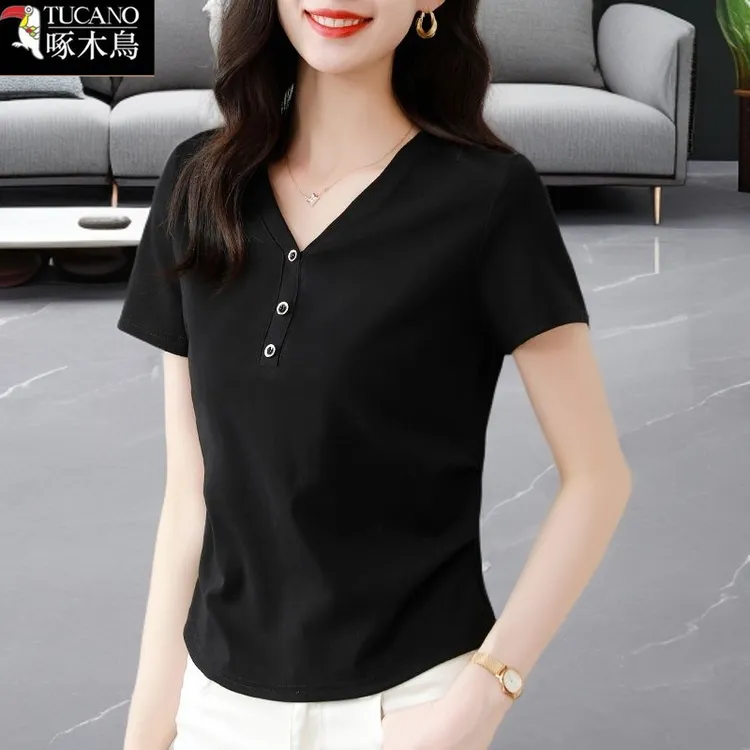 啄木鸟夏季拼接V领短袖女士简约通勤T恤2025年新款纯色小众上衣潮