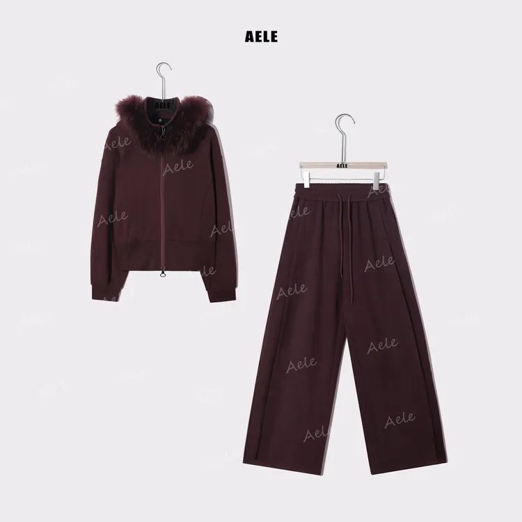 AELE貉子毛毛领连帽拉链外套+阔腿裤休闲时尚两件套D855 5169 AD