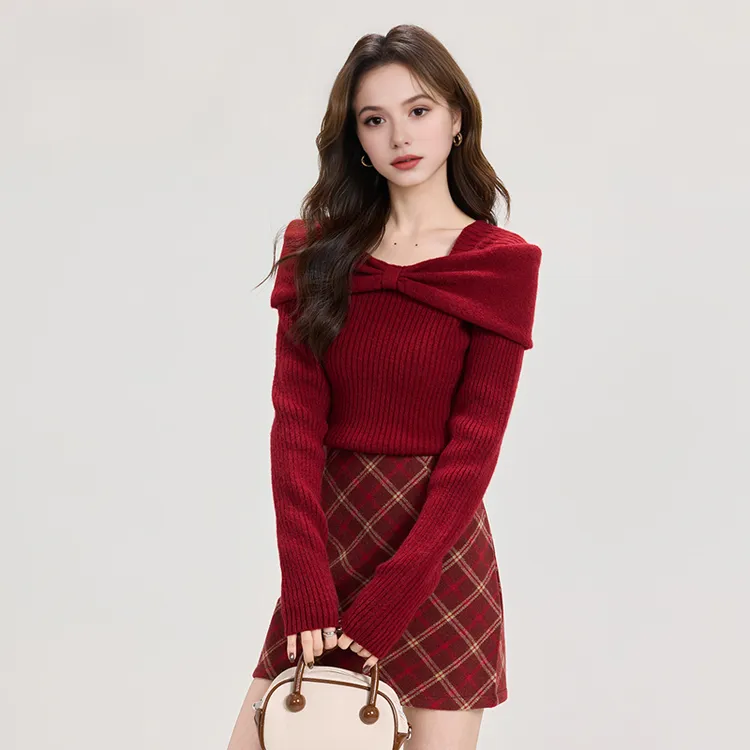 本命年红色针织上衣女秋冬纯欲风蝴蝶结高级感长袖一字肩套头毛衣