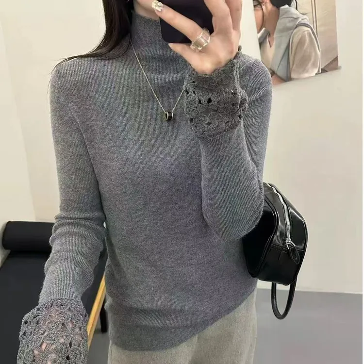 【钩花袖打底】2025年秋冬新款气质高领加厚保暖内搭长袖针织打底衫