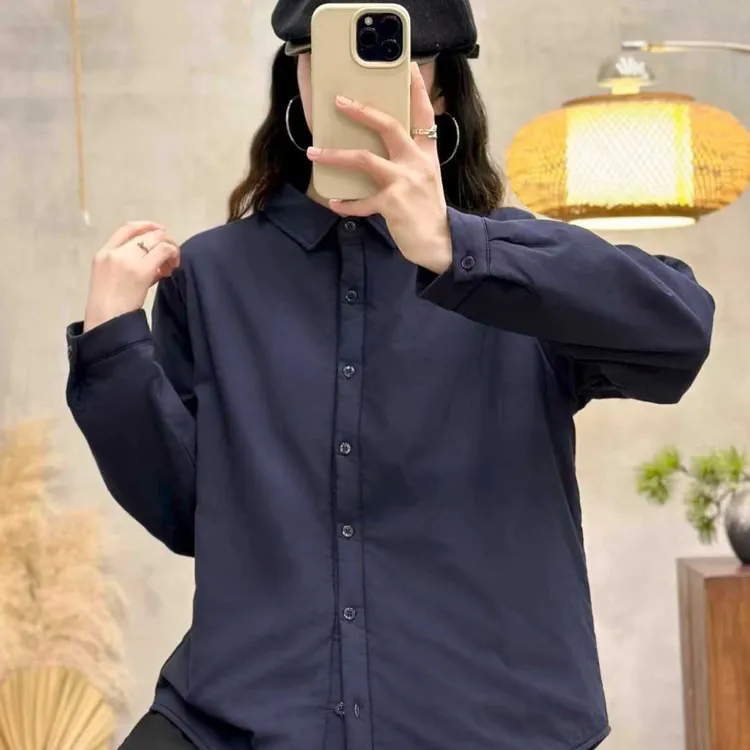 7126加棉保暖纯色长袖圆领衬衫女百搭内搭外穿休闲上衣