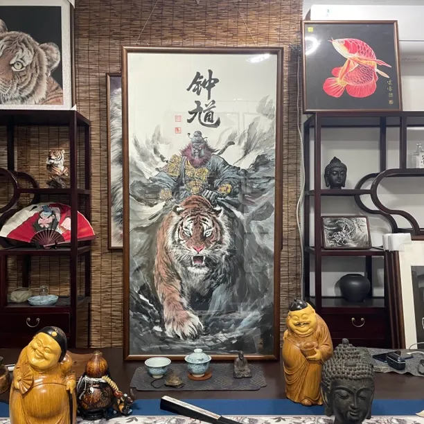 黑神话钟馗老虎双威图手绘带框124x64 客厅茶室 书房办公室挂画