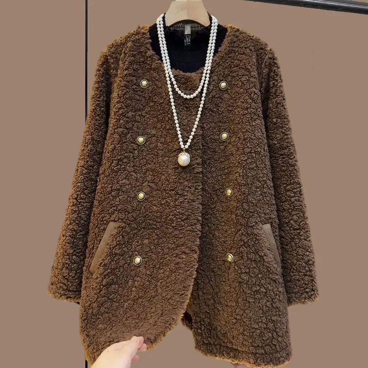 秋冬季大码女装胖妹妹咖色圆领双排纽扣遮肉宽松百搭加绒单外套
