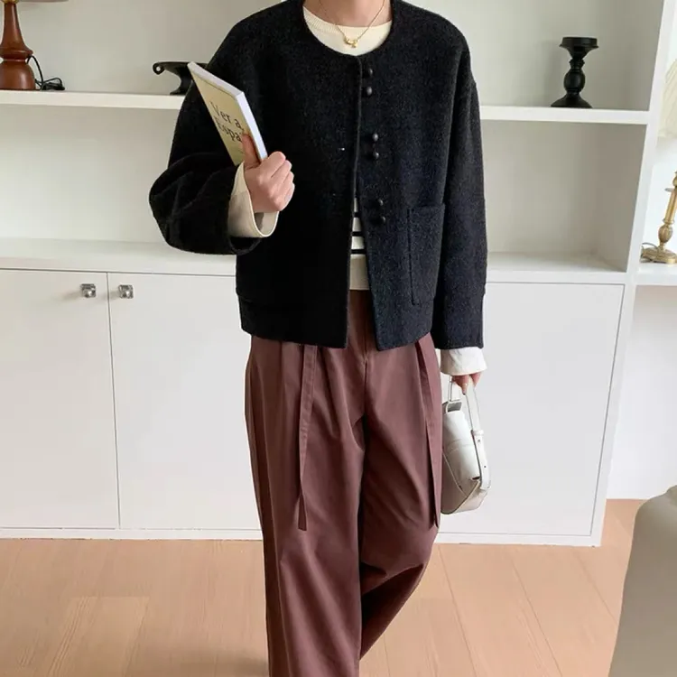 简约百搭口袋设计双面羊毛大衣春秋新款短款女羊毛呢外套