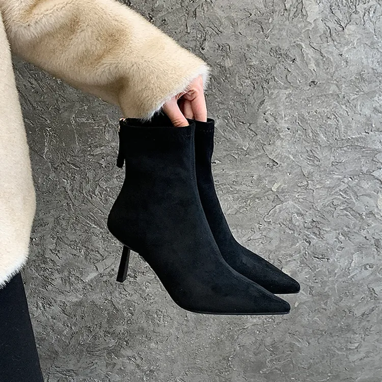 尖头高跟鞋短靴女靴子2025秋冬季新款女靴短筒瘦瘦靴绒面细跟靴子